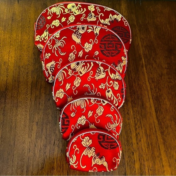 Handbags - Red Faux Silk Floral Makeup
Bag Travel Clutch Asian Chinoiserie Set Of 5 NEW